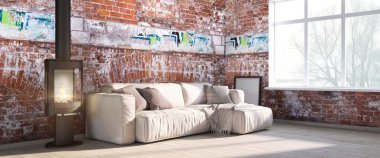 Modern parlak iç. 3D render