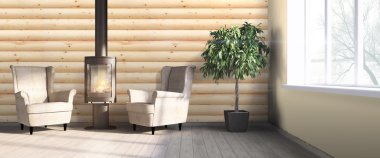 Modern parlak iç. 3D render