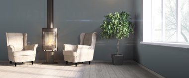 Modern parlak iç. 3D render