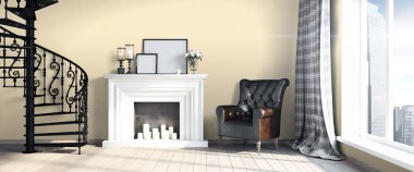 Modern parlak iç. 3D render