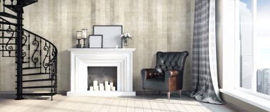 Modern parlak iç. 3D render