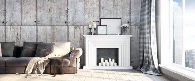 Modern parlak iç. 3D render