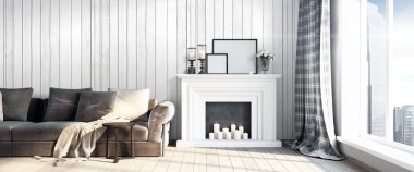 Modern parlak iç. 3D render