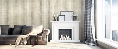 Modern parlak iç. 3D render