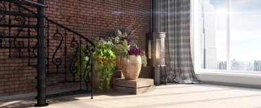 Modern parlak iç. 3D render