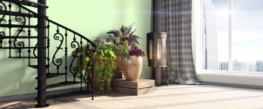 Modern parlak iç. 3D render