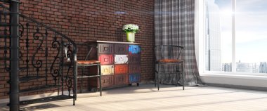 Modern parlak iç. 3D render