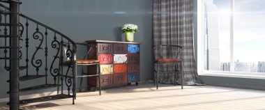 Modern parlak iç. 3D render