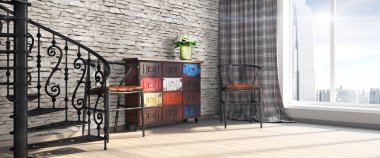 Modern parlak iç. 3D render