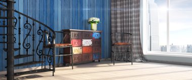 Modern parlak iç. 3D render