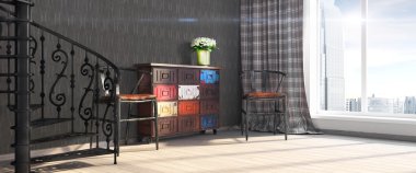 Modern parlak iç. 3D render