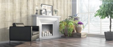 Modern parlak iç. 3D render