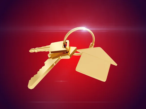 Schlüssel mit goldenem Etikett. 3D-Darstellung — Stockfoto