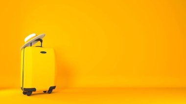 Arka planda büyük bir polikarbonat bavulu ve şapka