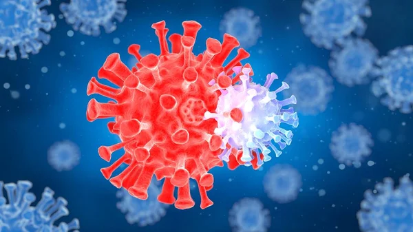 Image of Flu COVID-19 virus cell under the microscope on the blood. 3D illustration