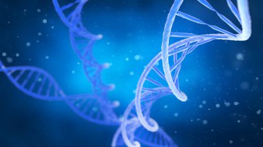 Mavi arka planda DNA molekülü. Güzel bir arkaplan için kavramsal DNA 3D resim.
