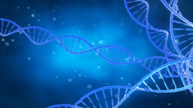 Mavi arka planda DNA molekülü. Güzel bir arkaplan için kavramsal DNA 3D resim.