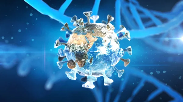 Coronavirus looks like planet Earth. Conceptual image under a microscope. 3D render