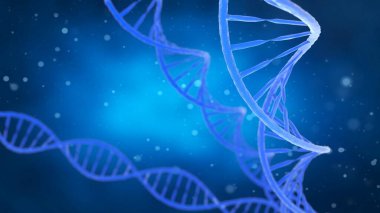 Mavi arka planda DNA molekülü. Güzel bir arkaplan için kavramsal DNA 3D resim.