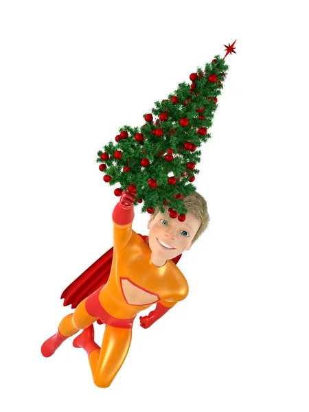 Spaß Superheld und Weihnachtsbaum — Stockfoto