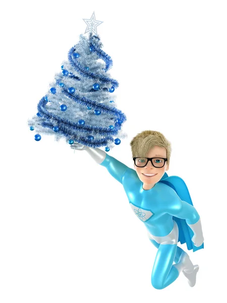 Spaß Superheld und Weihnachtsbaum — Stockfoto