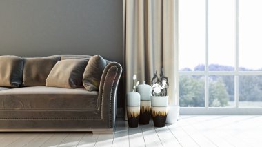 Modern parlak iç. 3D render