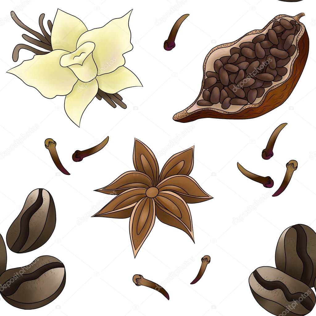 pattern seamless vanilla star anise cocoa coffee carnation on the white background