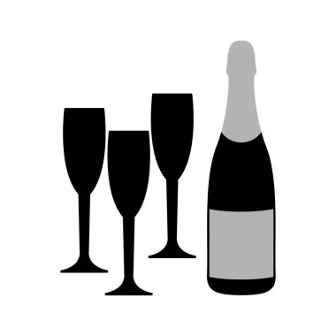 Bir şişe köpüklü şarap ve üç bardak. Vektör resmi.