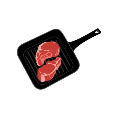 Beyaz arka planda ızgara tavasında taze çiğ biftek. Vektör resmi.