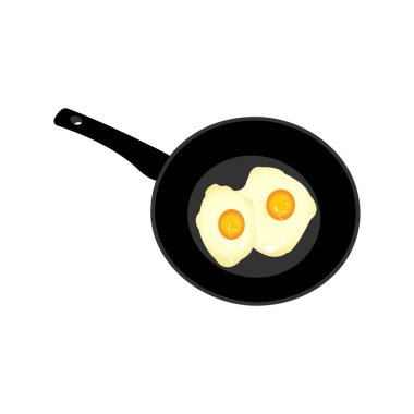 İki yumurtanın çırpılmış yumurtaları, beyaz bir arka planda, yuvarlak bir tavada. Vektör resmi.