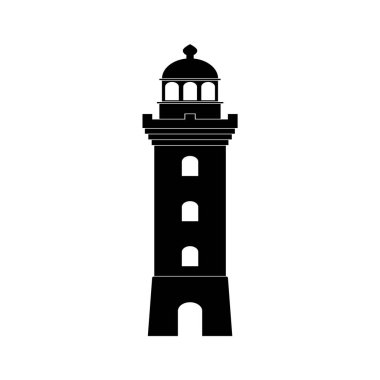 Deniz fenerinin silueti beyaz arka planda siyahtır. Vektör resmi.