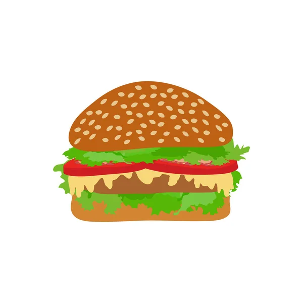 Delicious Hamburger Tomatoes Cucumbers Cheese Cutlet Lettuce Leaves White Background — Stockvector