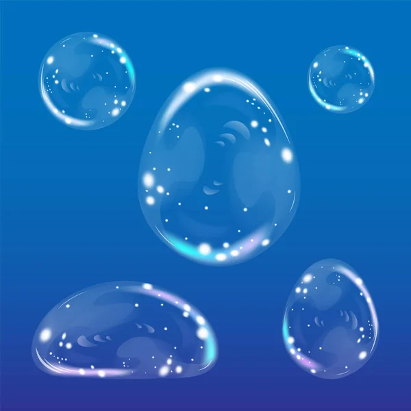 Fünf Seifenblasen Unterschiedlicher Form Auf Blauem Hintergrund Vektorbild — Stockvektor