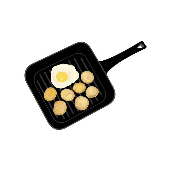 Επτά Κομμάτια Πατάτες Και Ένα Τηγανητό Αυγό Ένα Τετράγωνο Τηγάνι — Διανυσματικό Αρχείο