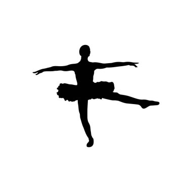 Sahnedeki beyaz arka planda siyahlı bir balerin silueti. Bir vektör resmi.