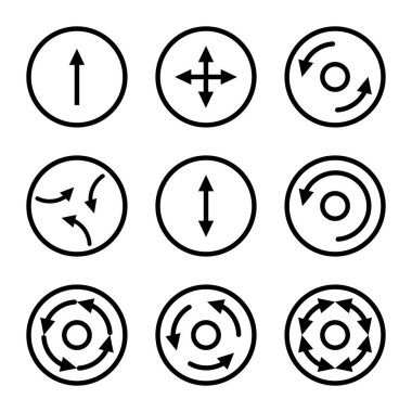 Beyaz arkaplan üzerinde çok yönlü okları olan simgeler. Bir vektör resmi.