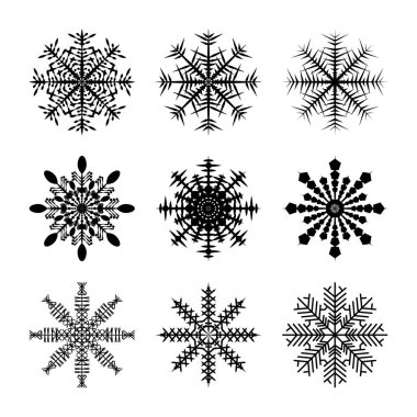 Farklı şekillerde buz kar tanelerinin simgeleri beyaz arkaplanda siyahtır. Bir vektör resmi.