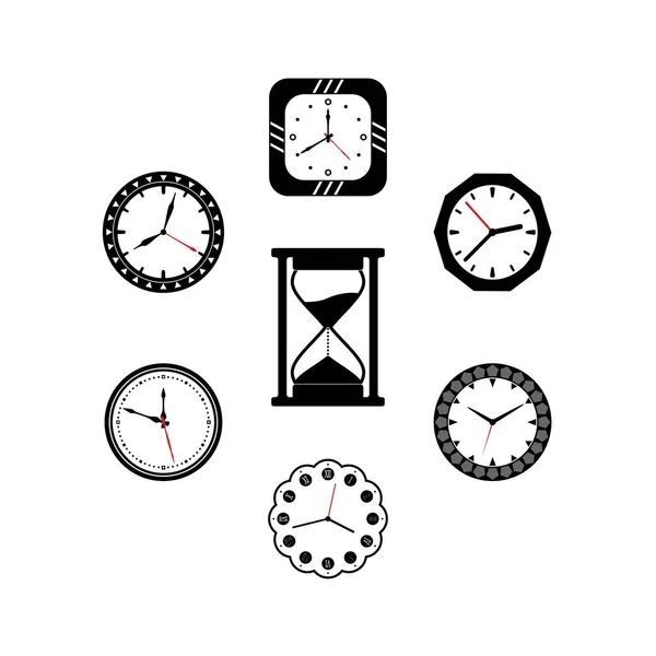 Ρολόγια Τοίχου Διάφορα Σχήματα Και Κλεψύδρες Μαύρο Και Άσπρο Λευκό — Διανυσματικό Αρχείο