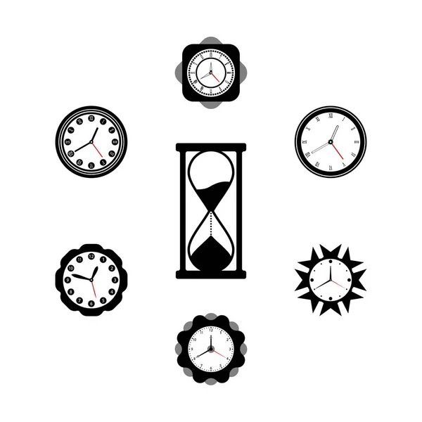 Relojes Pared Varias Formas Clepsidras Blanco Negro Sobre Fondo Blanco — Archivo Imágenes Vectoriales