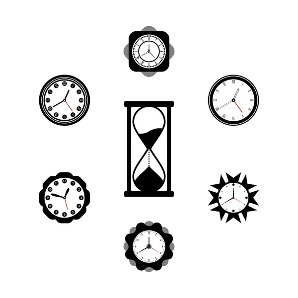 Relojes Pared Varias Formas Clepsidras Blanco Negro Sobre Fondo Blanco — Vector de stock