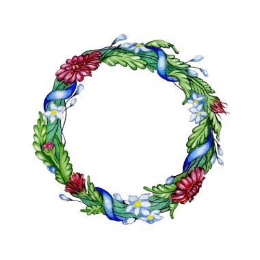 Bir kurdele ile suluboya çiçek çelenk