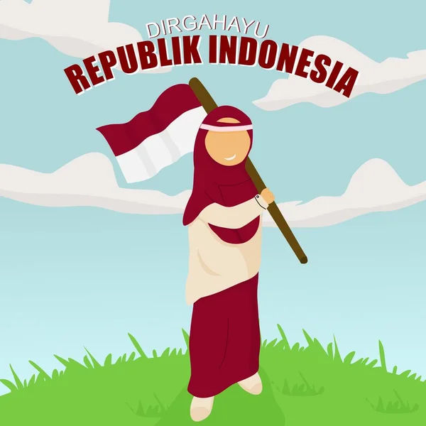 Ilustración Mujer Con Bandera Para Celebrar Día Independencia Indonesia — Vector de stock