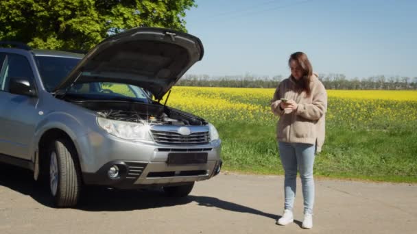 Vrouw staat bij kapotte auto op zoek naar reparatie service op de smartphone — Stockvideo