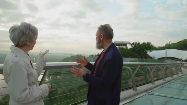 Mature couple standing on a bridge looking together on city view — Stock Video