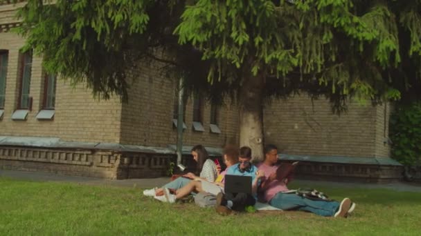 Grupp studenter som studerar med hjälp av prylar sitter under träd utomhus — Stockvideo