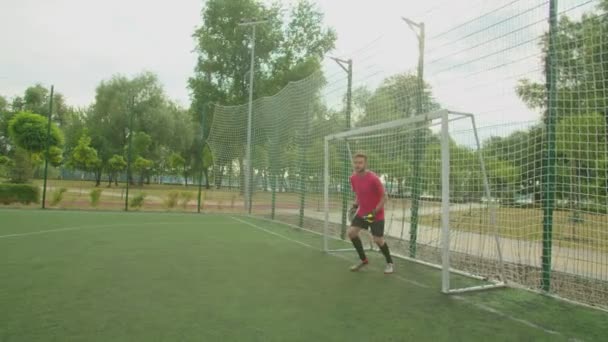 Futebol goleiro soco bola de futebol longe da área de penalidade ao ar livre — Vídeo de Stock