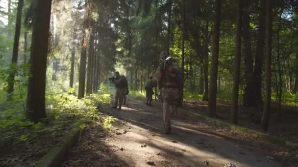 Grupa uzbrojonych żołnierzy rusza o świcie ścieżką wzdłuż gęstego lasu — Wideo stockowe