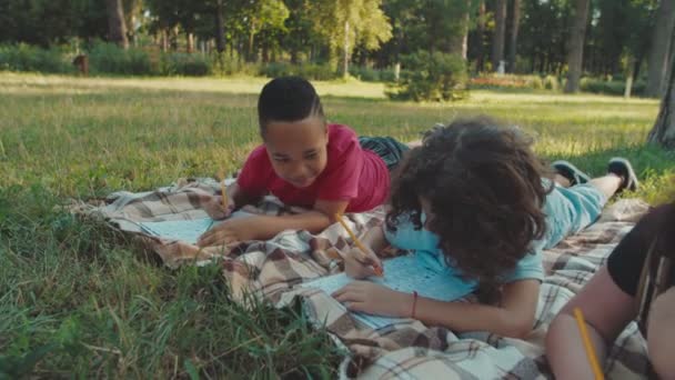 Primer plano de los escolares multirraciales diversos que escriben el examen al aire libre — Vídeo de stock