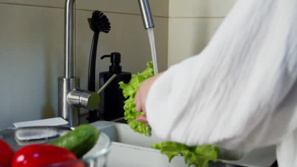 Unrecognizable woman washing lettuce in kitchen sink indoors — Stock Video