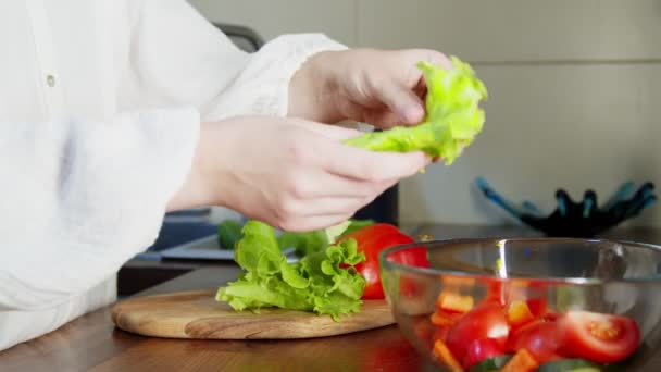 Vrouw scheurt sla aan stukken, doet het in salade kom binnen — Stockvideo